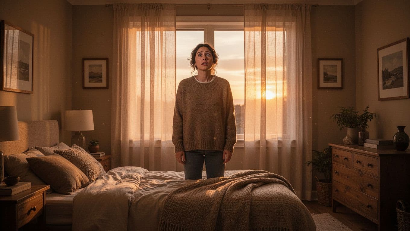 A single person stands in a cozy bedroom at dawn, eyes widening in realization as soft golden light filters through window curtains in warm tones, realistic style.