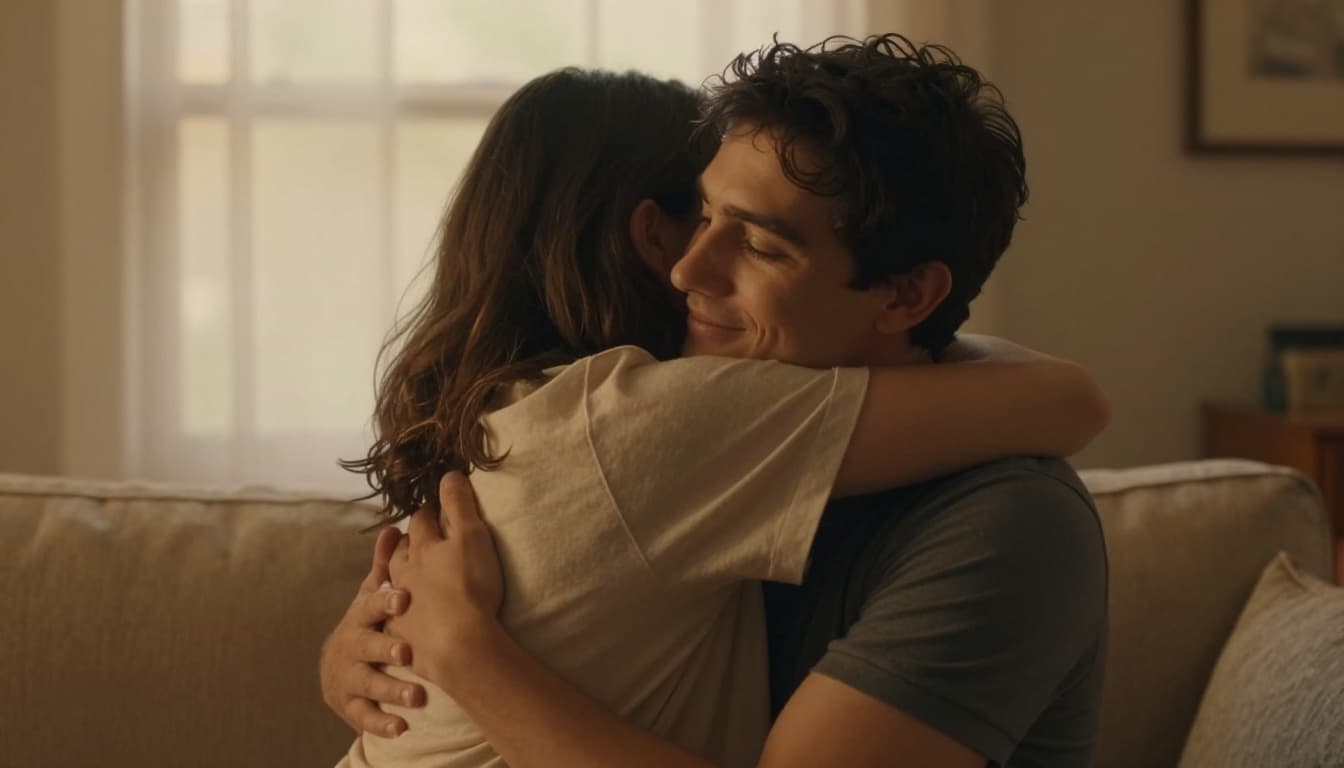 Two adults in their 30s share a warm, knowing embrace in a cozy living room with soft golden hour light, capturing the instant familiarity and comfort of a twin flame connection.
