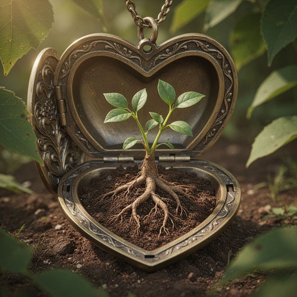 Close-up of a heart-shaped locket opening to reveal intertwined roots growing from soil inside, symbolizing deep emotional wounds surfacing, warm earthy tones, soft natural light filtering through leaves above, photorealistic style, no people, no text, no extra objects.