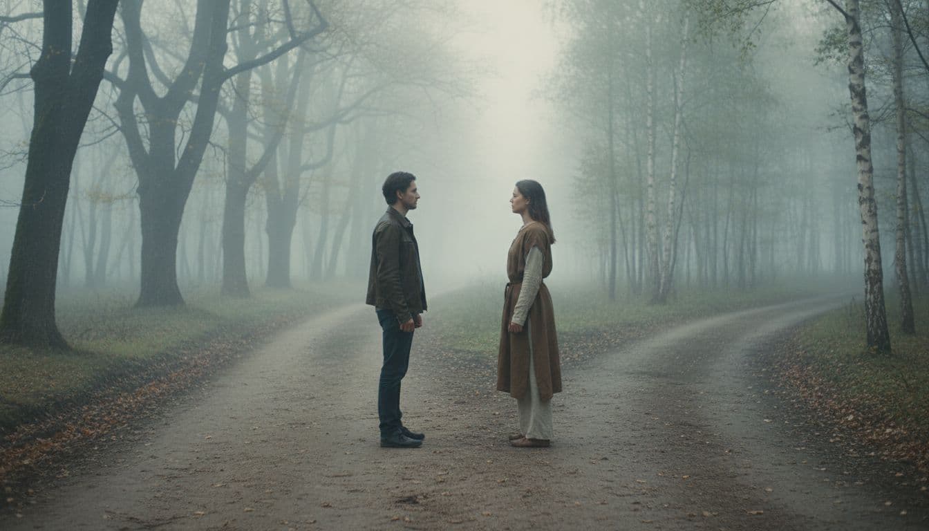 Two people stand on diverging dirt paths in a misty forest, facing each other with thoughtful expressions while stepping away, symbolizing separation in a serene, realistic photography style.