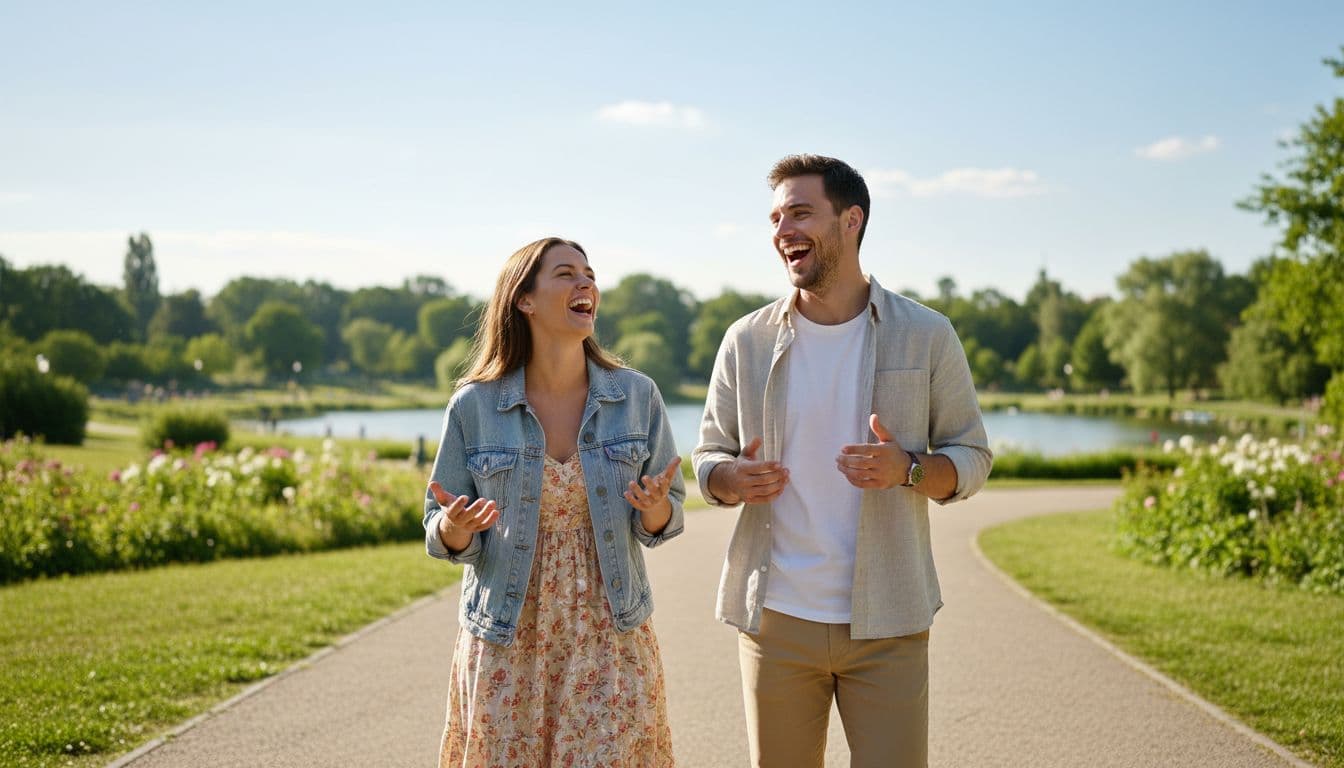 Two friends walking together in a sunny park, laughing and talking, balanced composition with equal focus on both, vibrant daylight, realistic style, exactly two people.