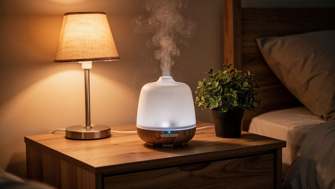 Ultrasonic diffuser emits soft mist on wooden nightstand beside green plant in dimly lit bedroom with warm lamp glow.