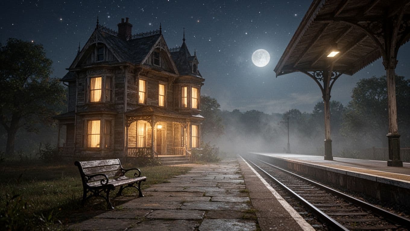 An old Victorian house with warm golden light from windows stands adjacent to a quiet empty train station platform featuring one wooden bench, under a starry night sky with soft moonlight and calm fog.