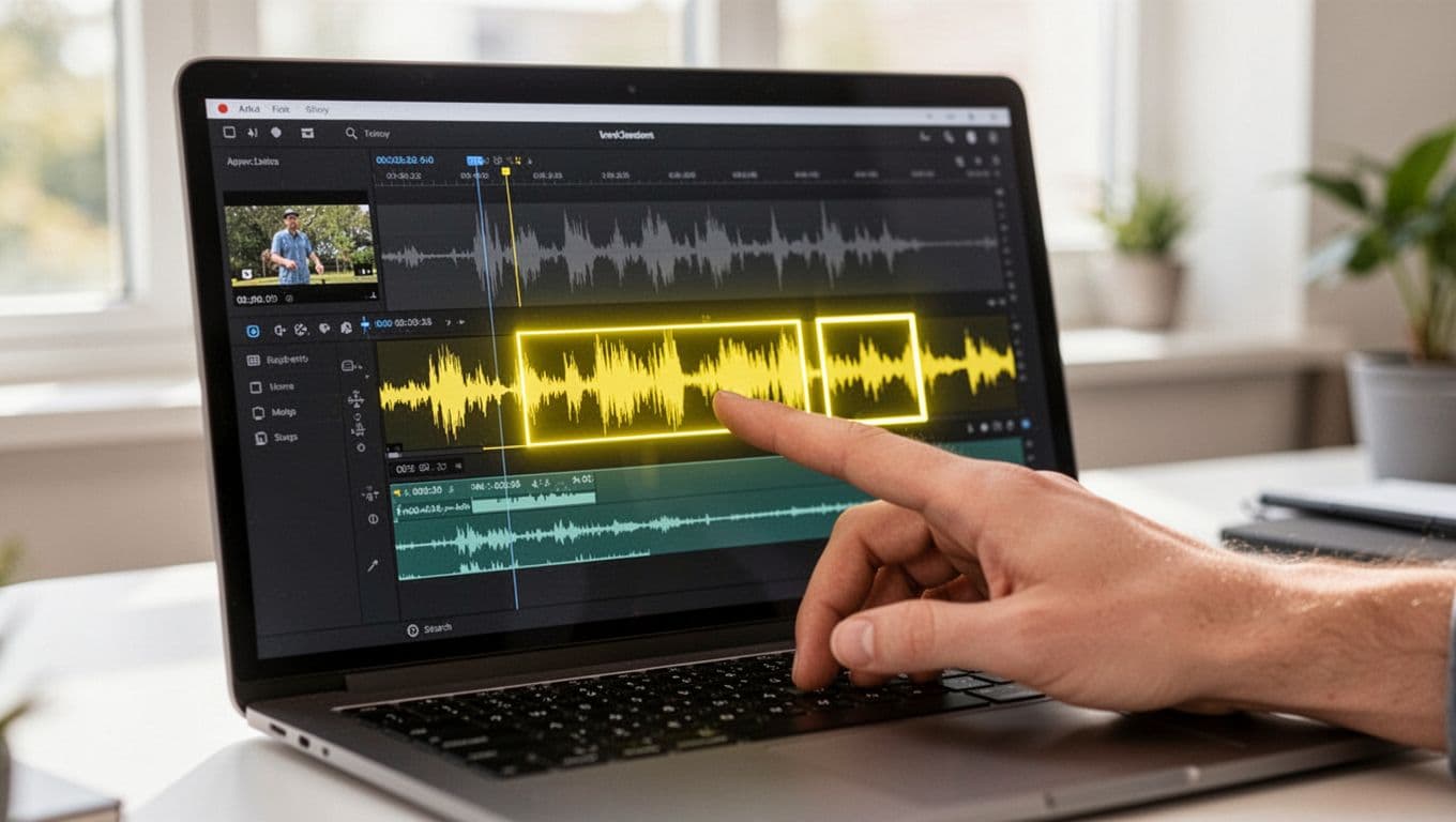 Laptop screen in bright home office shows video editing timeline with yellow highlights on YouTube track and pointing hand.