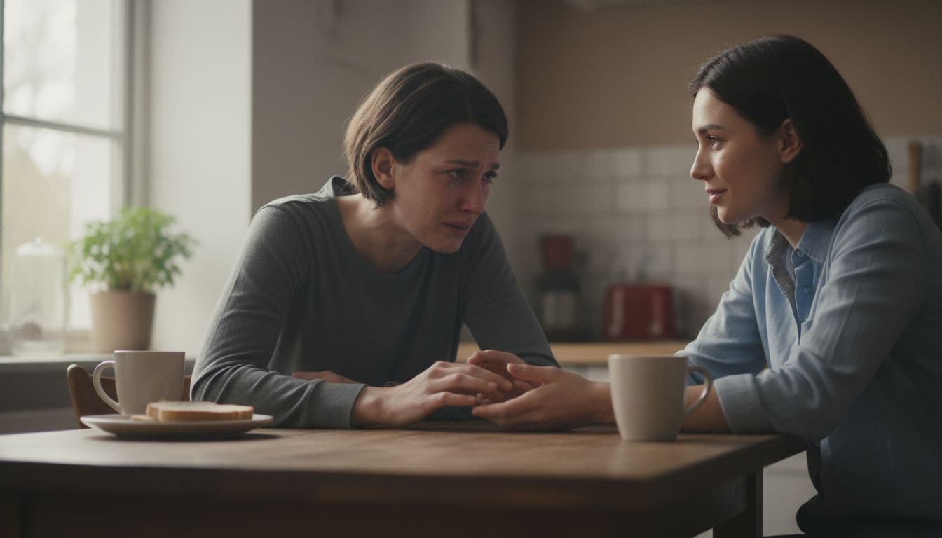 One person sits across from a close friend at a kitchen table, sharing vulnerably while the friend listens empathetically with relaxed hands, in soft natural light.