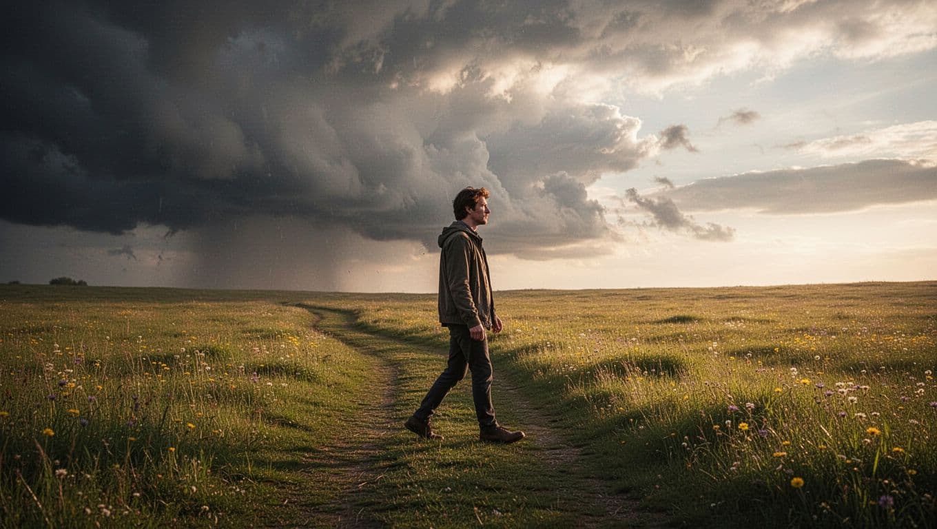 A solitary person walks relaxed on a grassy path from a dark stormy background to a bright sunny meadow ahead, symbolizing anger fading into peace with golden hour lighting.