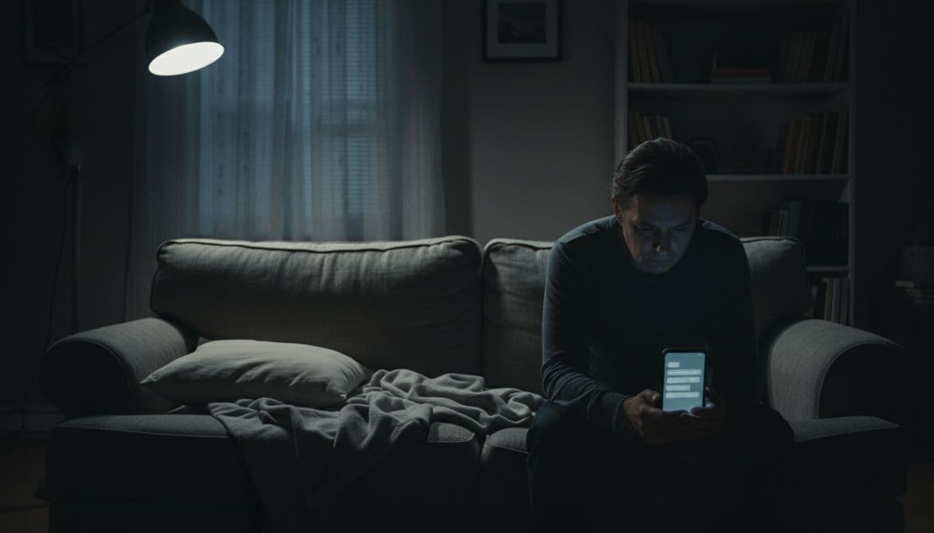 A weary adult sits alone on a worn couch in a dimly lit living room at night, holding a phone with a dim screen showing unanswered texts and empty space beside them suggesting absence of reciprocity.