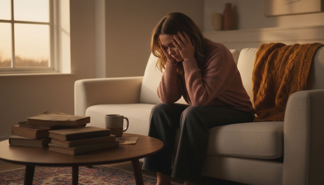 A young adult woman sits alone on a couch in a cozy living room, elbows on knees and face in hands, conveying subtle emotional exhaustion under dim evening light with warm tones.