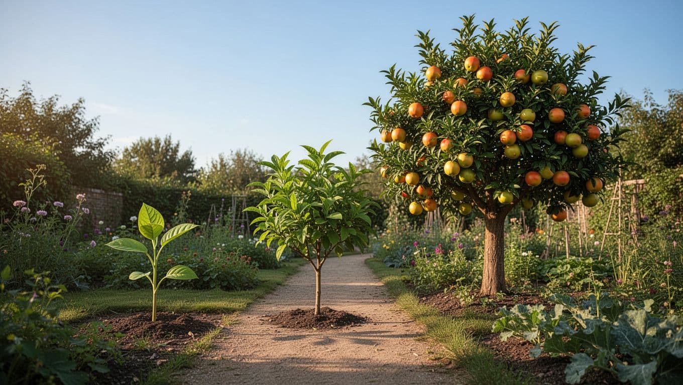Garden path connects small seedling, medium plant, and large fruit tree under blue sky with warm sunlight.