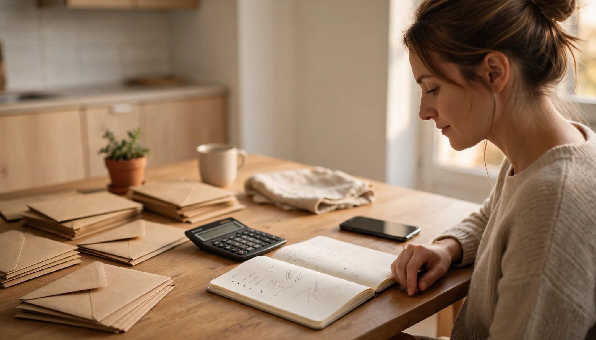 Person reviewing a household budget with bills, a notebook, calculator, and phone at a kitchen table.