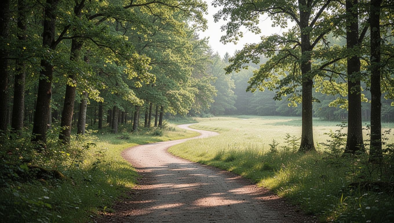Winding path through shaded forest clearing leads into open sunlight amid green trees.