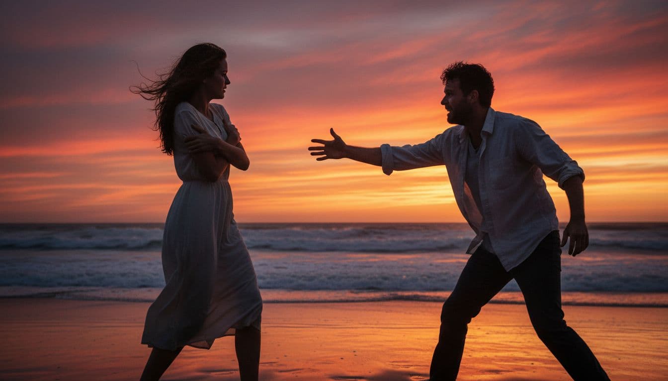 Woman steps back arms crossed looking away as man reaches pleading on beach at dusk.