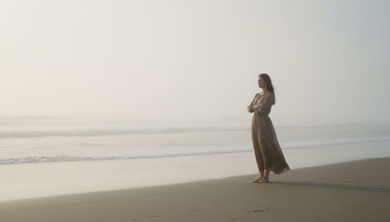 A single person stands on a misty beach at dawn, gazing wistfully at the sea.