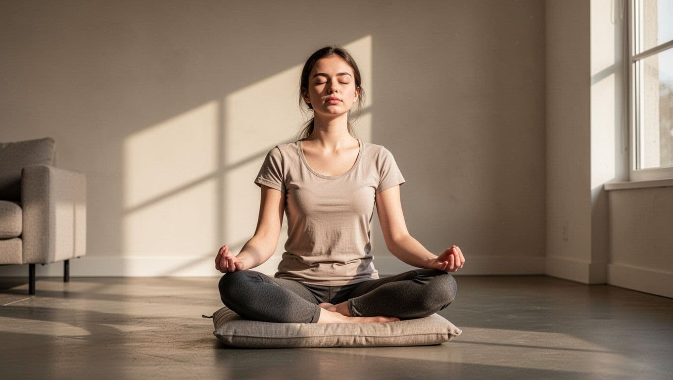 Young woman sits on floor cushion in minimalist living room, eyes closed, palms up on knees.