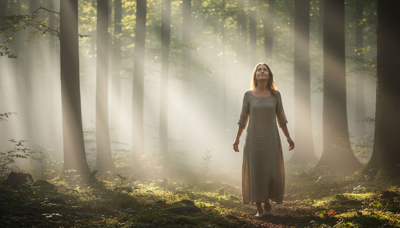 A lone woman steps from thick fog on a forest path into a sunlit clearing, her face showing calm realization and relief as morning light breaks through the trees.