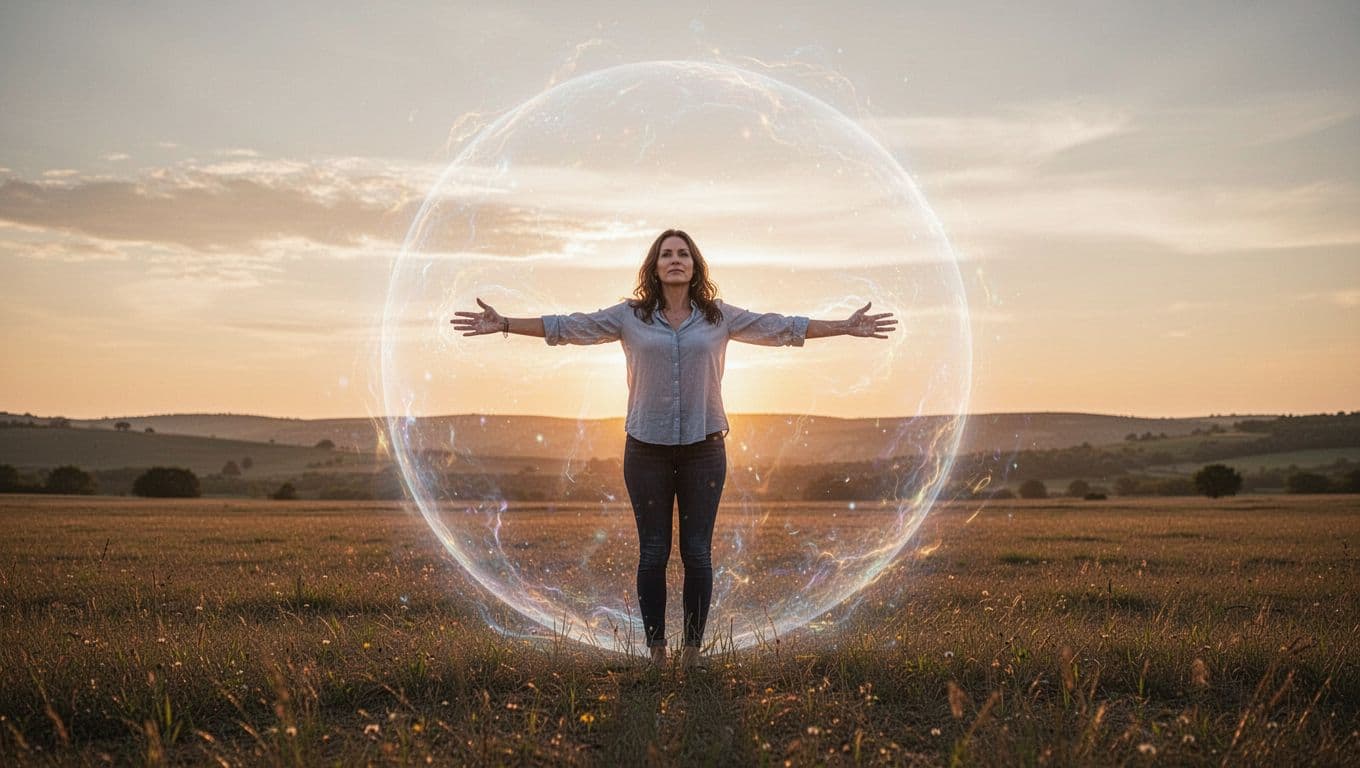 Woman stands arms outstretched in open field at sunset, faint glowing energy bubble around her.