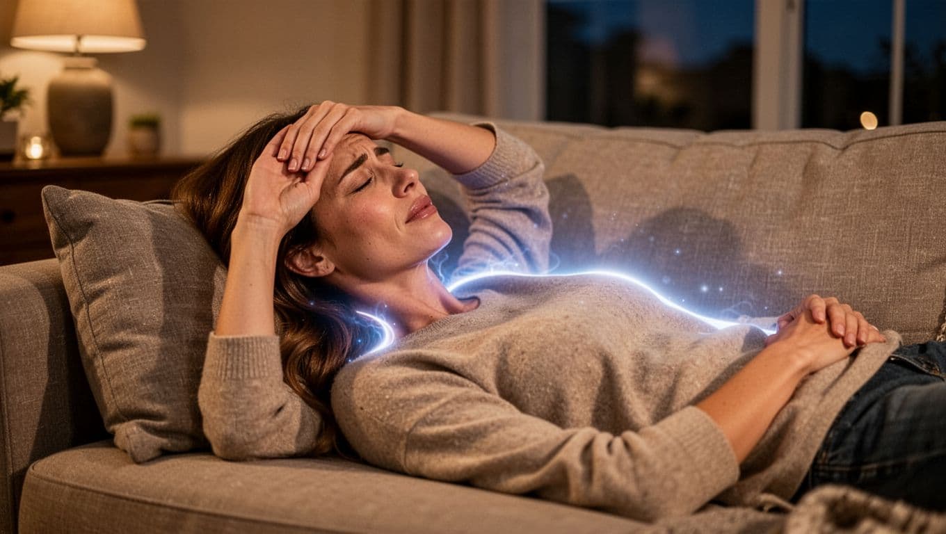 30s woman lies on home couch in evening, hand on forehead, eyes closed, faint glow around head and spine.