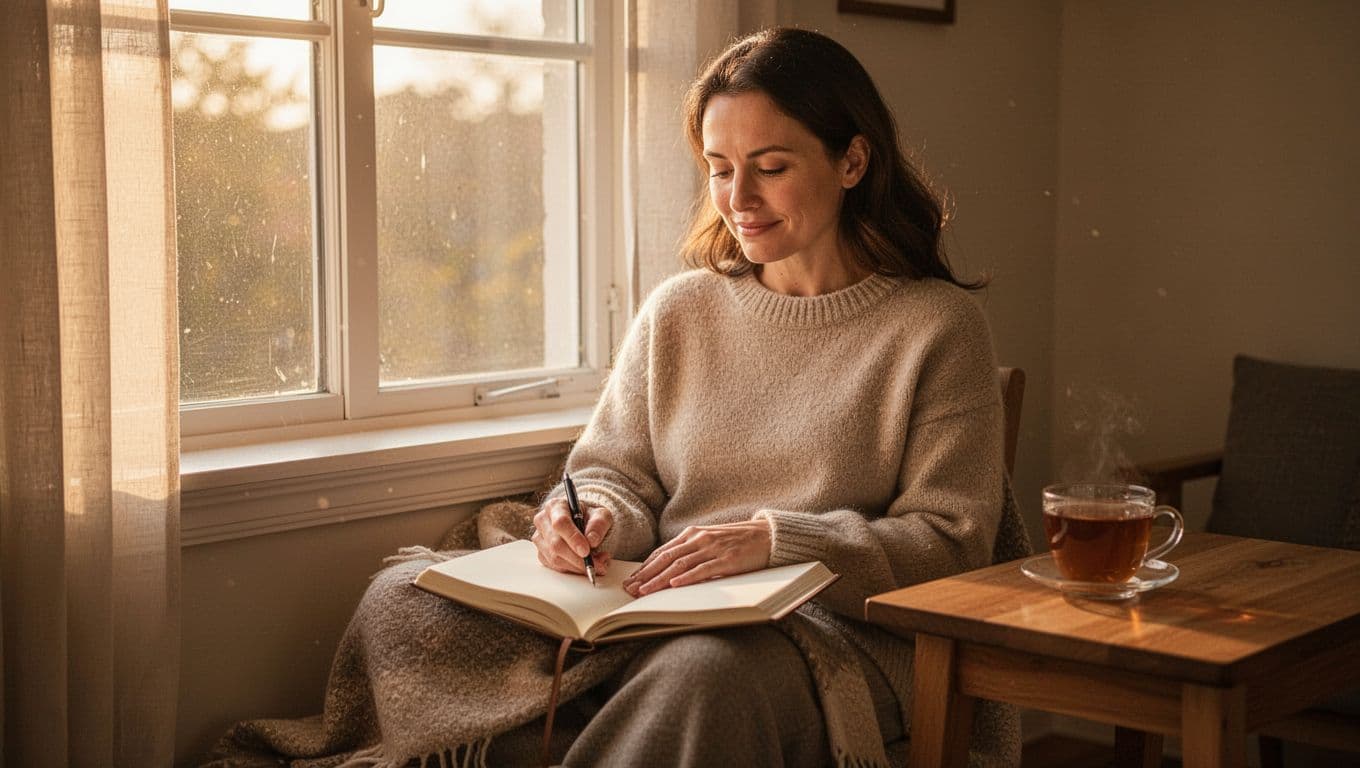 Calm woman with open notebook on lap sits by window in cozy room, tea cup on wooden table, warm golden light.
