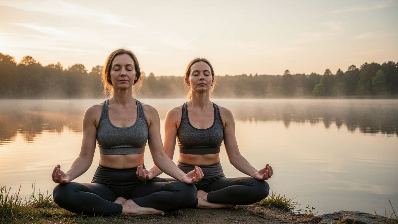 Woman in activewear sits cross-legged by calm lake at dawn, eyes closed, hands on knees.