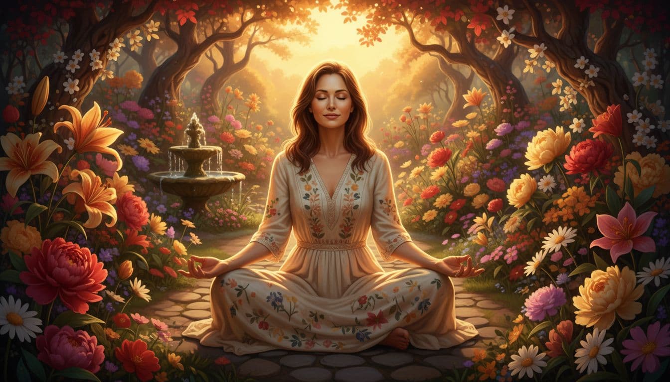 A woman sits calmly in a peaceful garden, eyes closed in meditation, soft sunlight illuminating her face, hands resting in her lap, surrounded by vibrantly blooming flowers, symbolizing reclaiming inner sovereignty and personal healing.