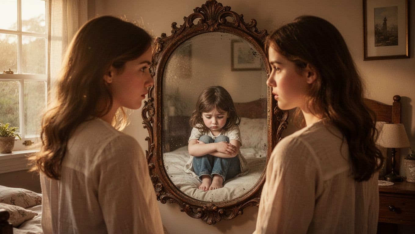 A young woman stands before a large antique mirror in a cozy dimly lit bedroom, her reflection morphing into a sad child version of herself curled up with arms around knees and eyes downcast, symbolizing inner child wounds.