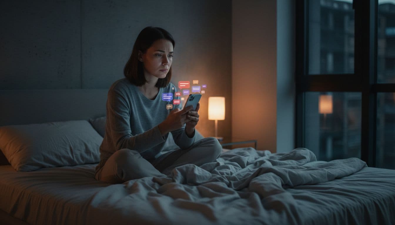 A woman in her late 20s sits on a bed in a modern bedroom at night, holding her phone with a thoughtful worried expression as the screen glows faintly on her face showing abstract message icons amid rumpled sheets and dim lamp light.