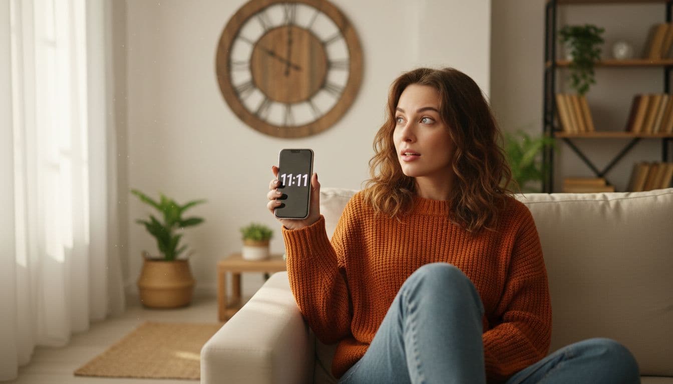 Young woman in living room looks surprised at phone showing 11:11 and matching wall clock.