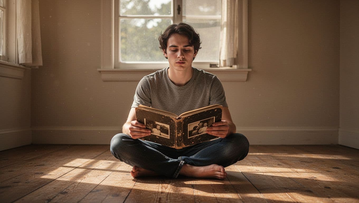 A young adult sits cross-legged on a wooden floor in a softly lit room, holding and gazing reflectively at an old family photo album open on their lap, with warm tones and contemplative mood.