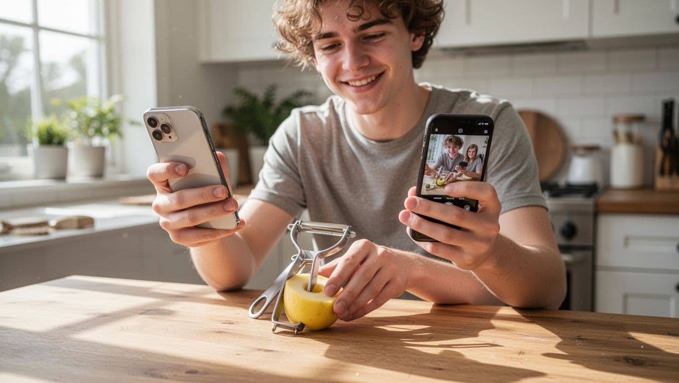 Casual young adult demonstrates peeler on wooden kitchen table while holding smartphone to film TikTok video.