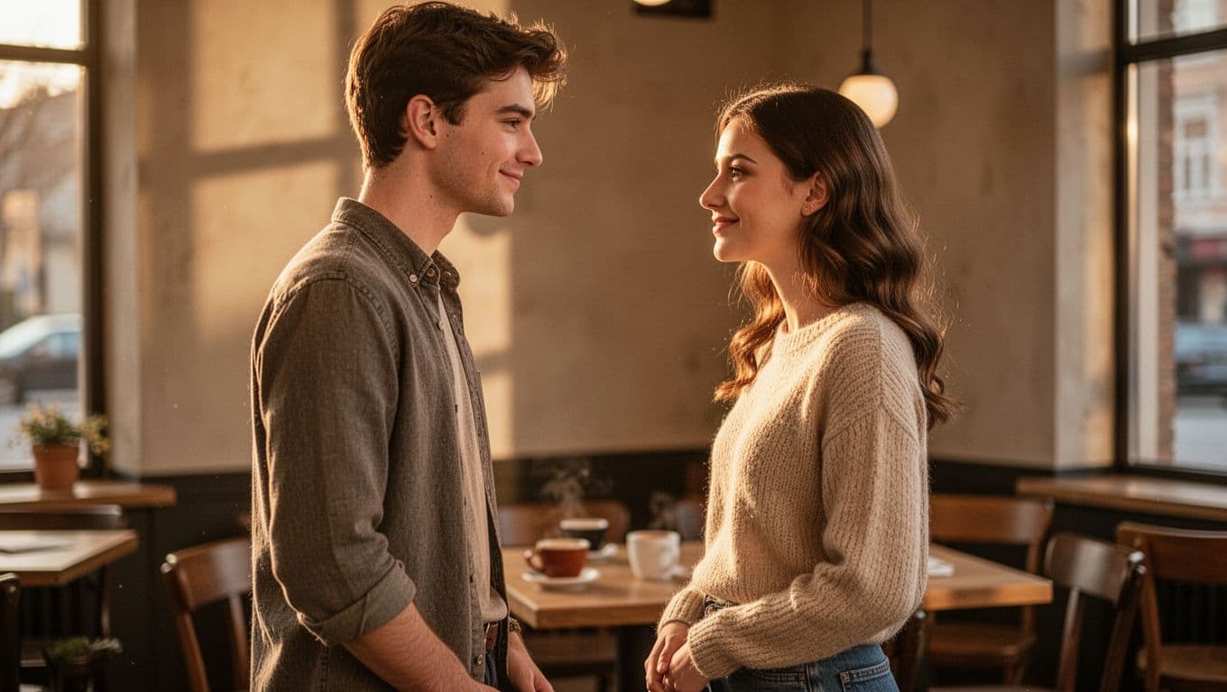Young man and woman stand close in cafe, locking eyes with smiles under golden light, coffee cups on table.