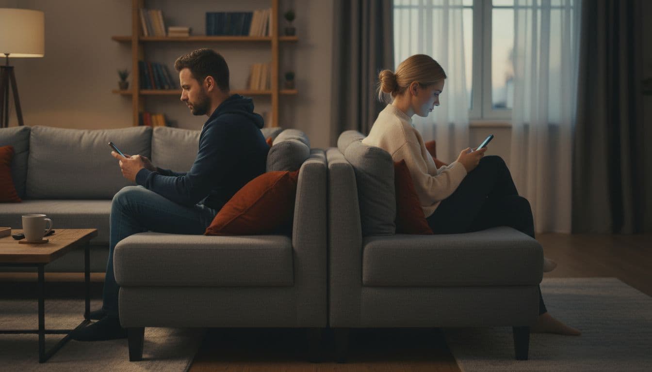 A young couple sits far apart on a living room couch at dusk, each absorbed in their phone screens and facing away, with subtle body language tension conveying emotional distance.