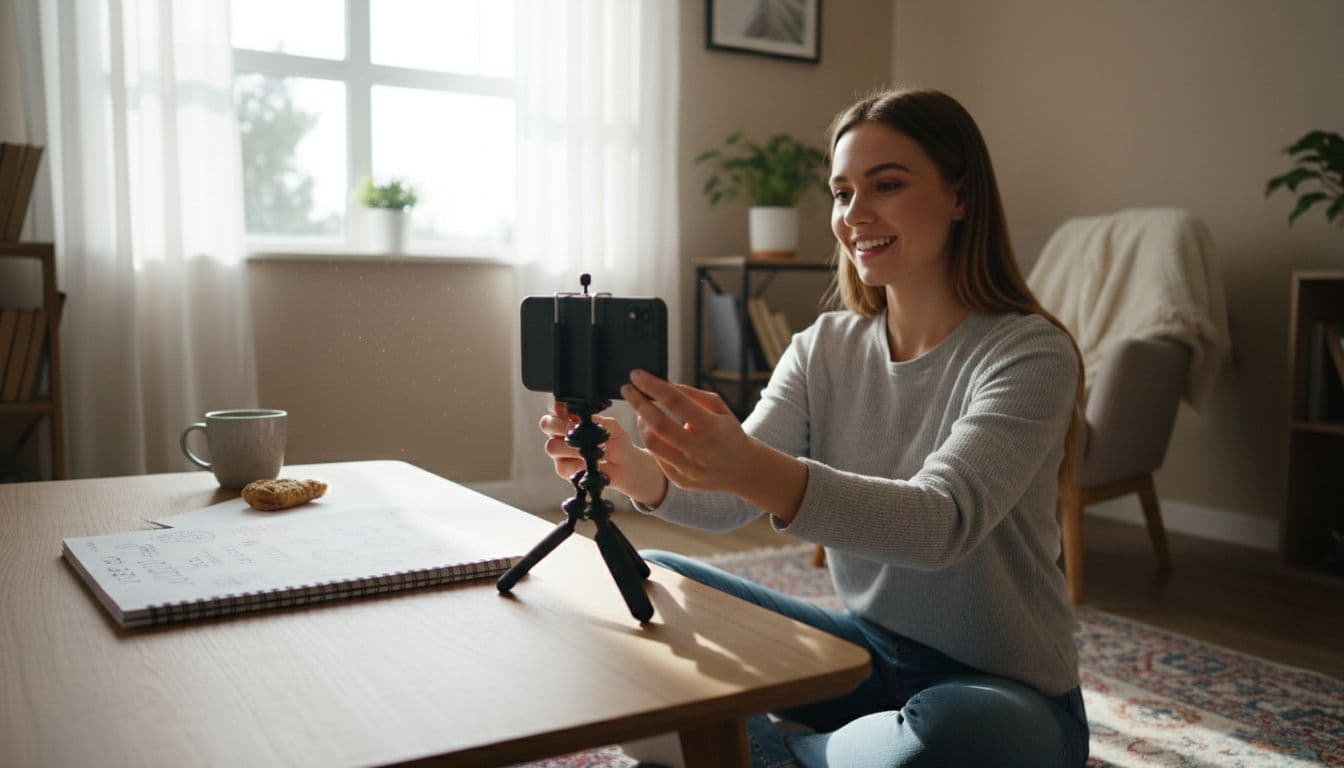 Young creator holds smartphone on tripod filming in simple home setup, notebook on table, natural window light.