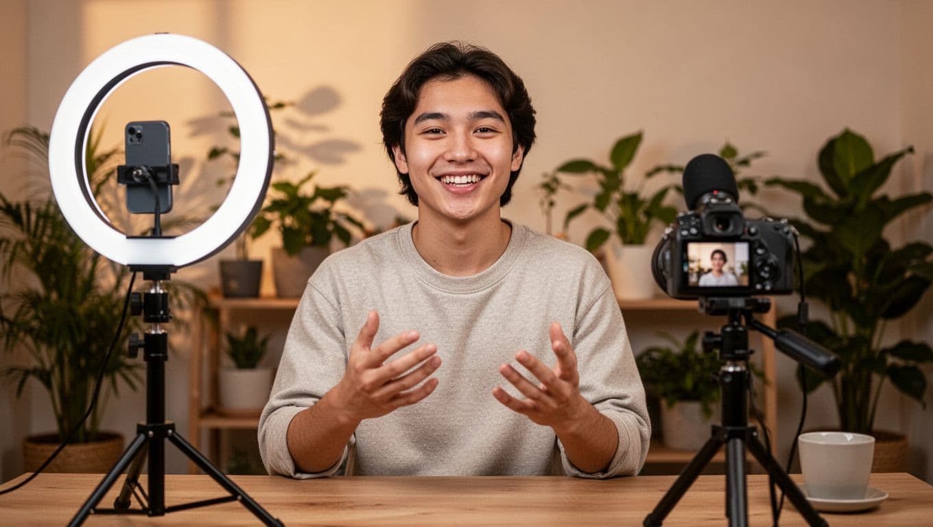 Young adult creator smiles confidently speaking into camera in cozy home studio with ring light, tripod, microphone, and plants.