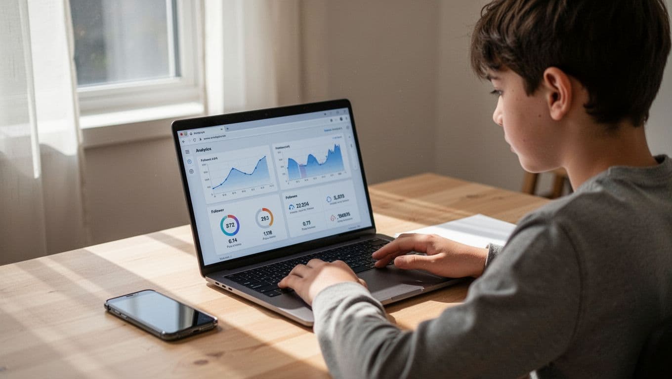 Young creator at desk with laptop open to TikTok dashboard showing follower and view stats, phone nearby.