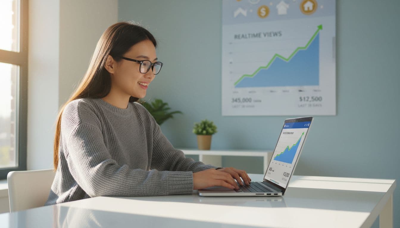 Young creator sits at modern desk in bright home office with laptop showing rising views and revenue graphs on YouTube analytics.