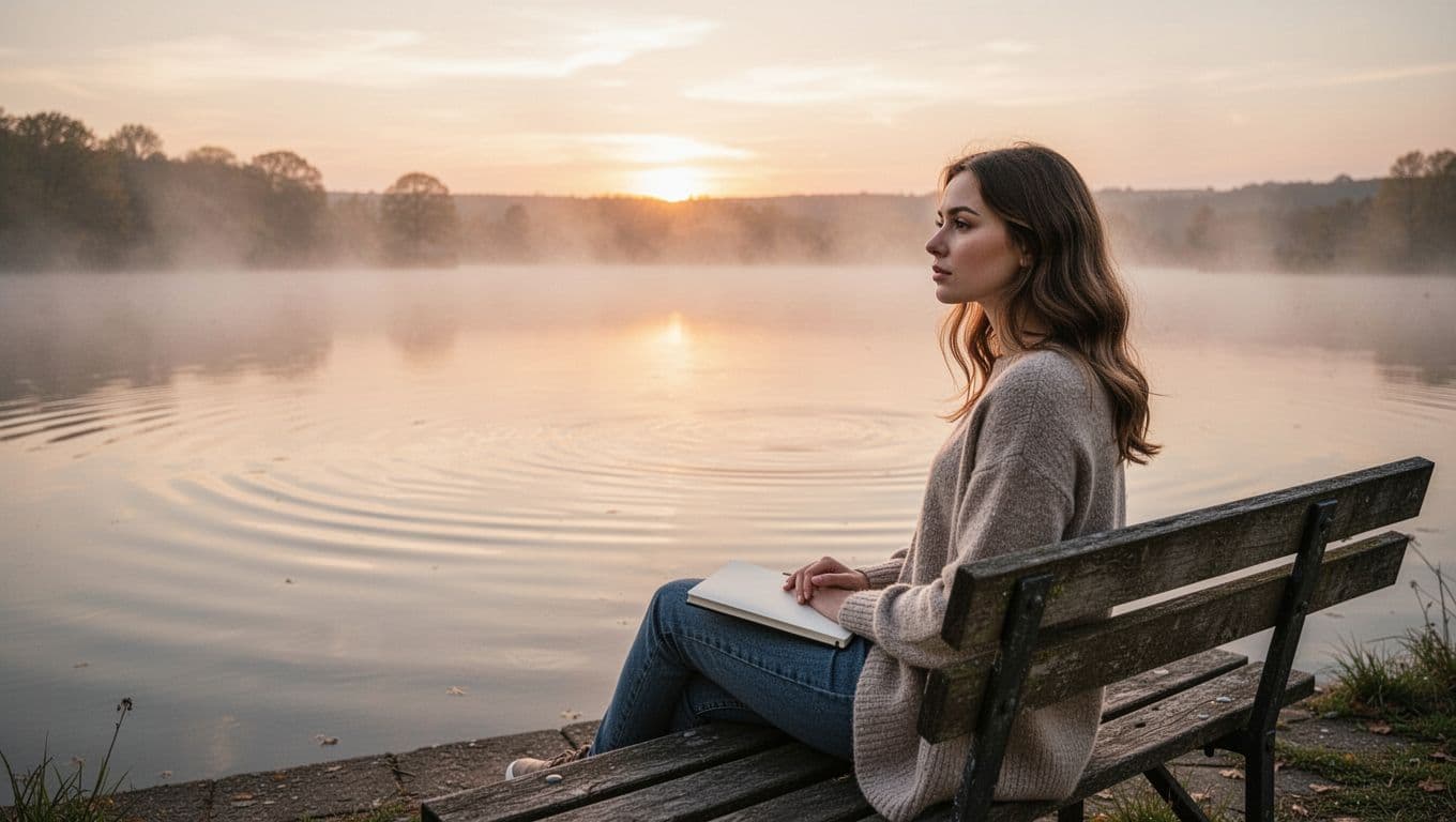 Young woman sits thoughtfully on wooden bench overlooking calm lake at sunrise, journal in lap.