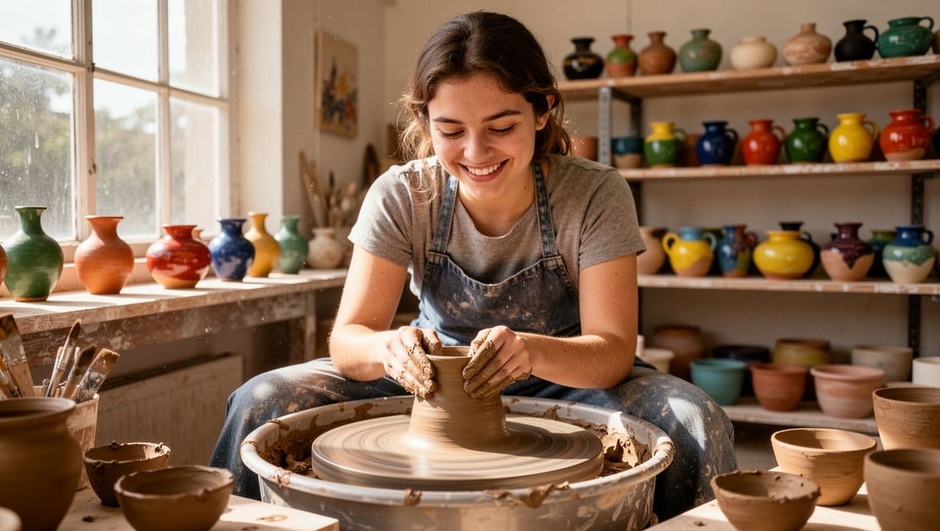 A young woman with a focused and joyful expression shapes clay on a pottery wheel in a bright sunlit studio, with colorful finished pots on shelves behind her. This high-detail photorealistic image illustrates experimenting with new creative pursuits.