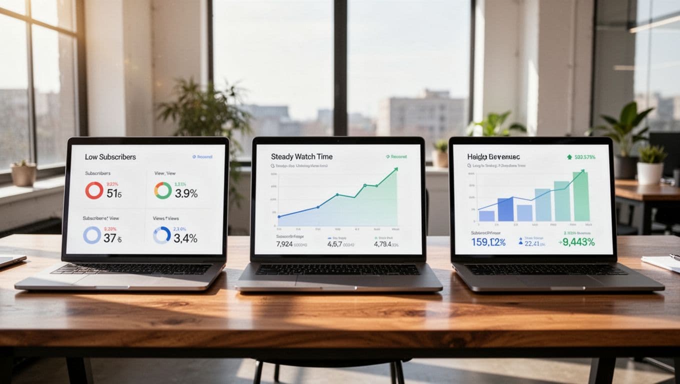 Three laptops on wooden desk display low, moderate, and high YouTube analytics dashboards in bright office.