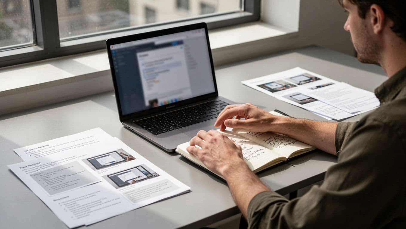 Person at modern desk reviews blurred YouTube Studio on laptop amid research notes, thumbnails, and scripts.