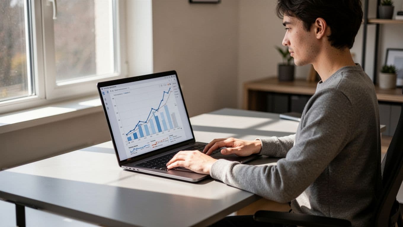YouTube creator at desk in modern home office views laptop with rising subscriber and watch hour graphs.