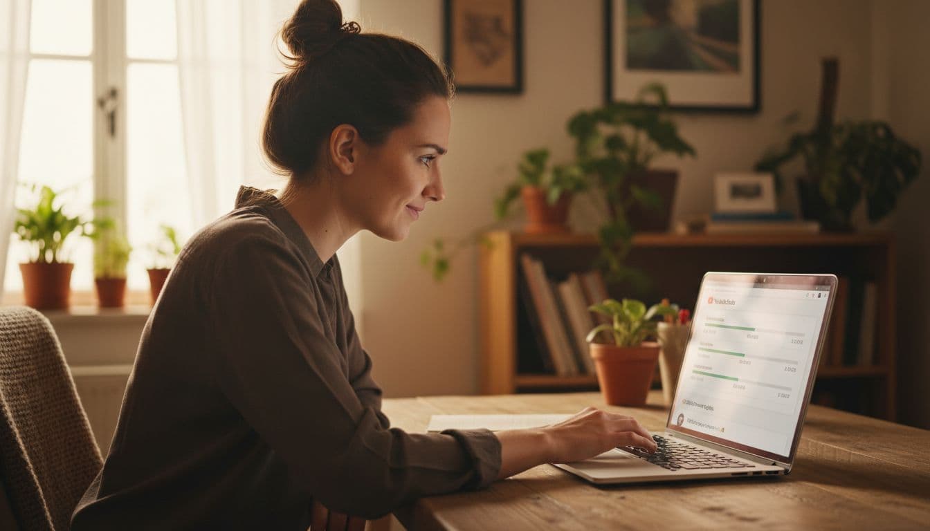 Mid-20s YouTube creator sits at wooden desk with laptop open to YouTube Studio dashboard showing progress bars and metrics.