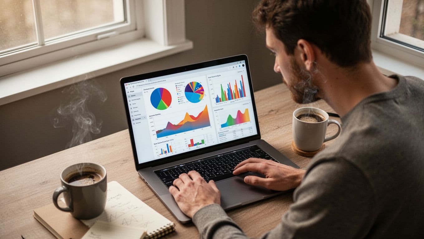 YouTube creator leans over desk viewing colorful analytics graphs on laptop screen in cozy workspace with coffee mug.