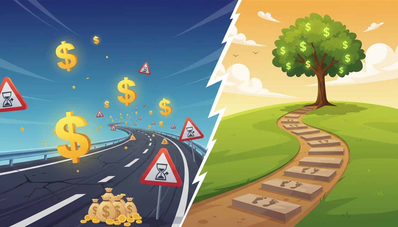Split scene with left fast highway featuring money icons and warning signs, right winding uphill path with growing tree and steps.