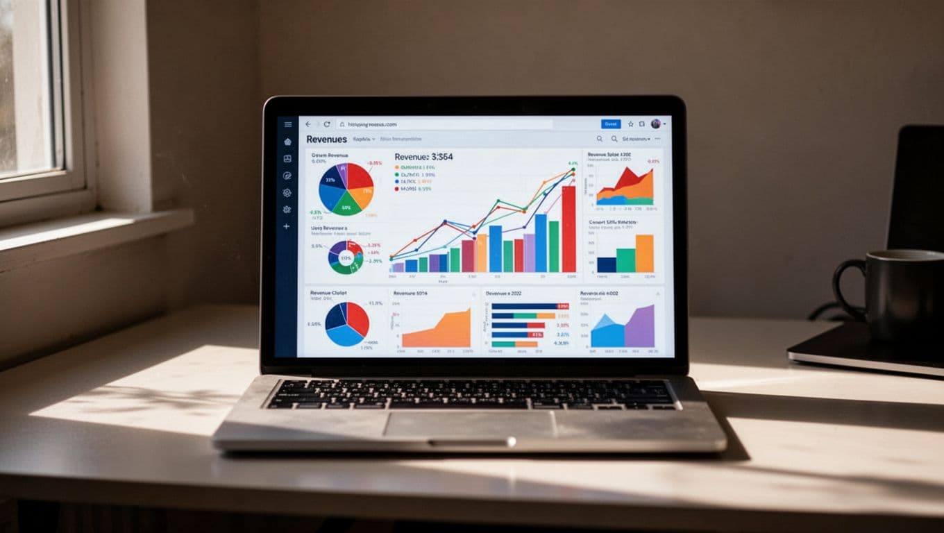 Laptop screen shows YouTube Studio revenue charts with views, watch time, and per-video metrics on a dimly lit home office desk.