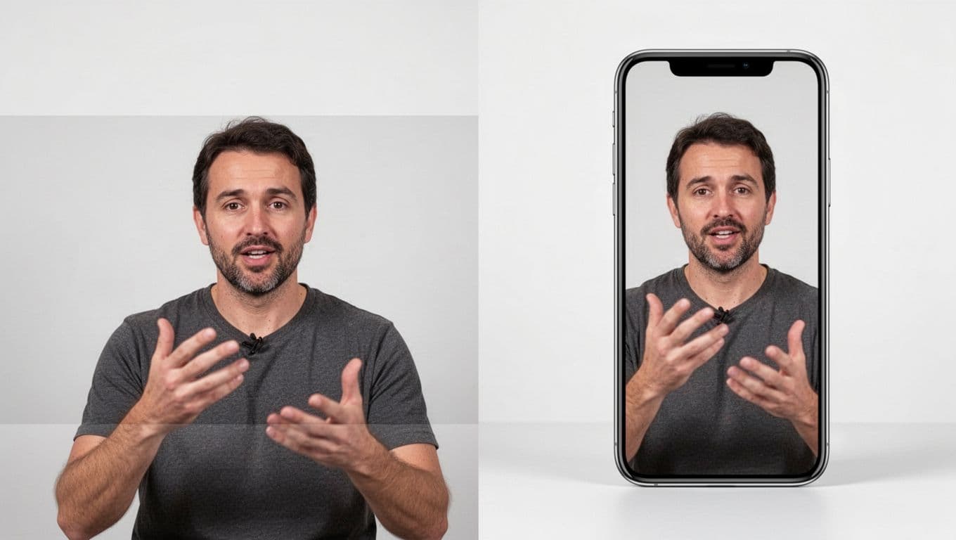 Split image with horizontal YouTube video frame on left and vertical TikTok version centered in phone mockup on right.