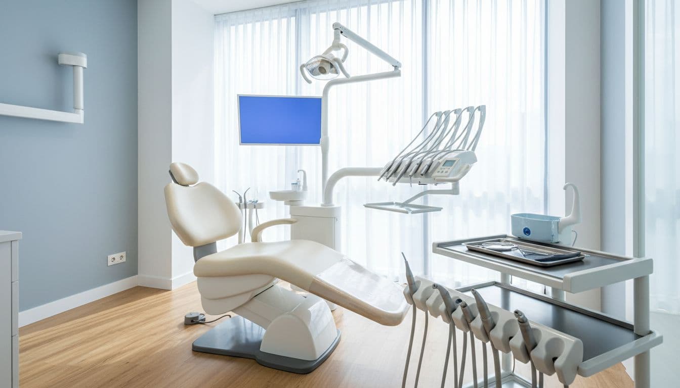 Bright modern dental clinic exam room with comfortable reclining chair, organized equipment trays, large window for natural light, and calming blue tones. Spotless, inviting space focused on technology and serenity, no people present.