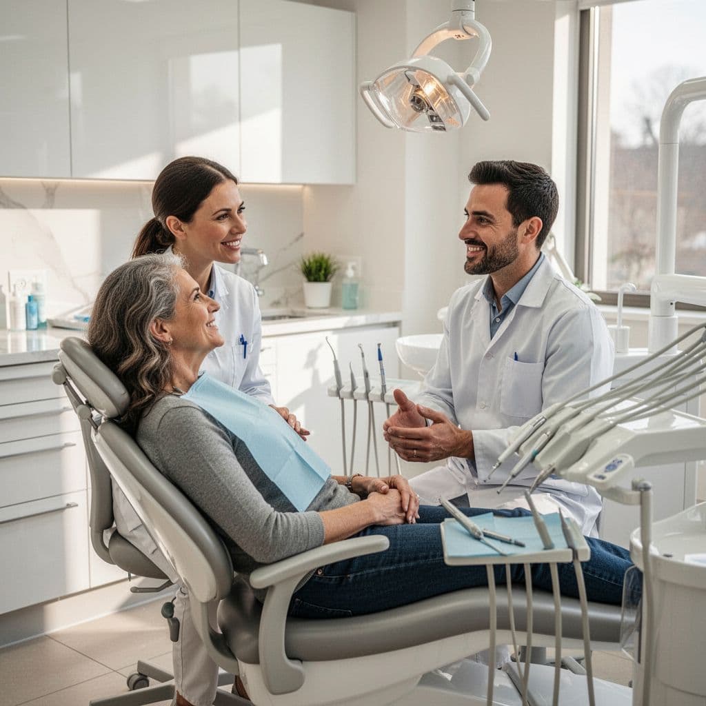 A professional dentist speaks with a patient seated comfortably in a modern, well-lit dental exam room.