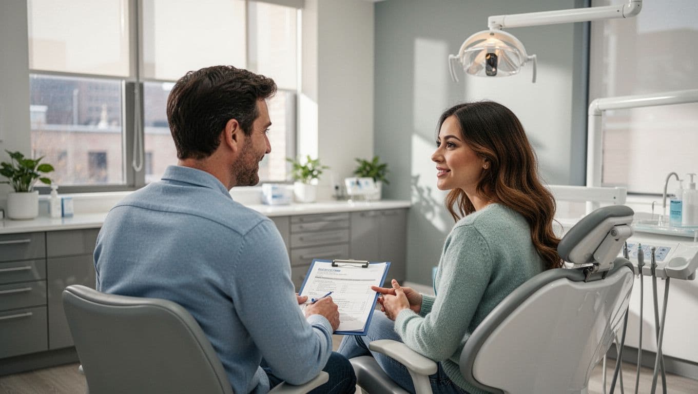 A dentist explains a treatment plan to a patient in a bright, modern examination room.