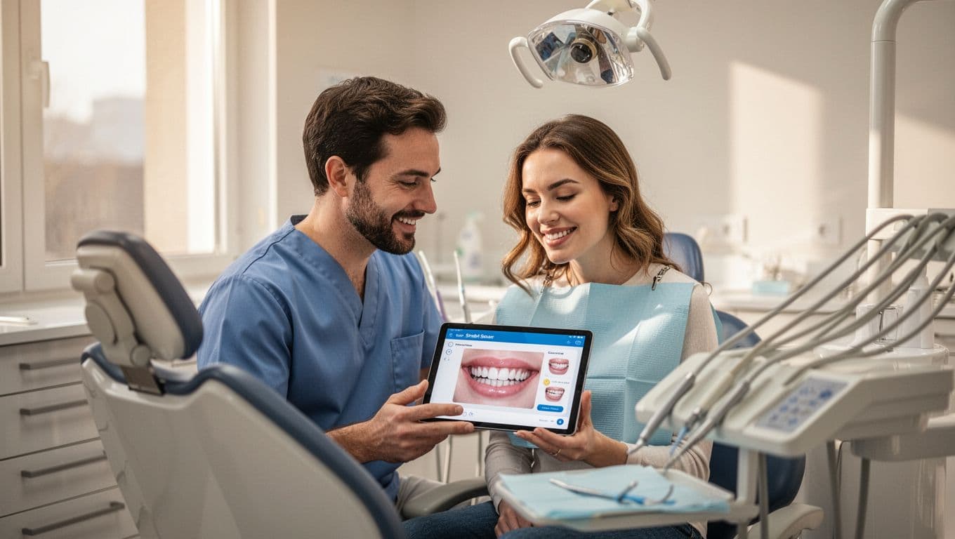 A dentist and patient look at a tablet together during a friendly consultation.
