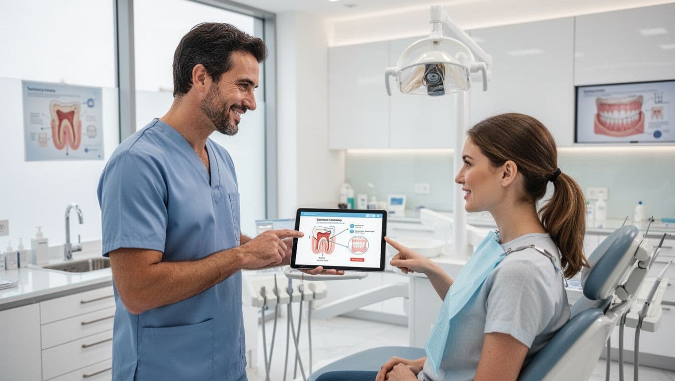 Dentist and patient converse over tablet showing treatment plan in modern clinic.